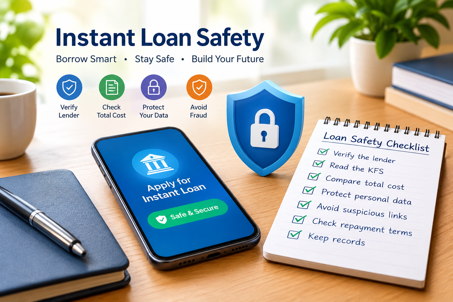 Instant loan safety concept with a secure smartphone, shield, loan checklist, and financial security icons.